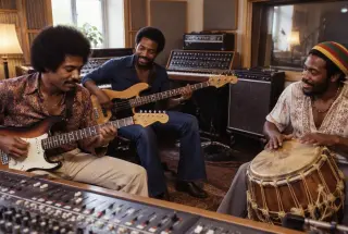 Trois musiciens antillais répètent dans un studio parisien des années 1970 avec une guitare, une basse, un tambour gwo ka et un synthétiseur analogique.